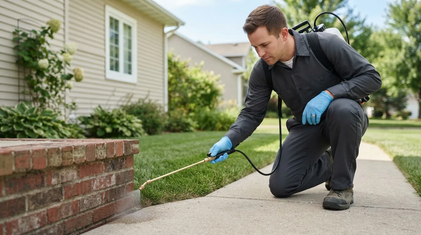 Pest control technician treating a home near Carmen, OK